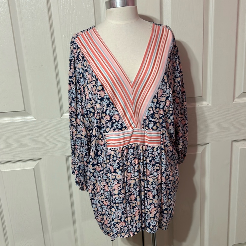 Fair Haven Plus Light Gauzy Floral TunicTop 3/4 Sleeves Pinks/Blues NWT 2X